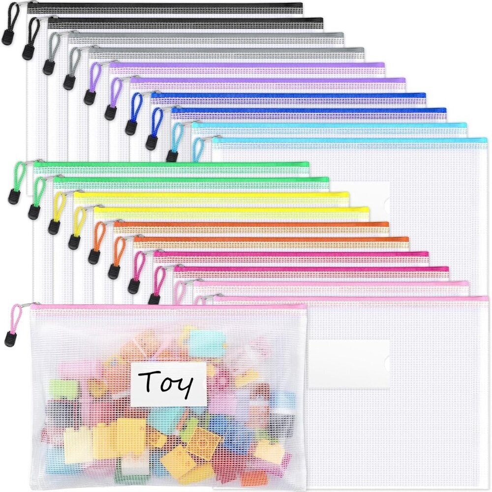 20 Pack Mesh Zipper Pouch Bags, A4 Letter Size, Zipper Bags with Label Pocket, W